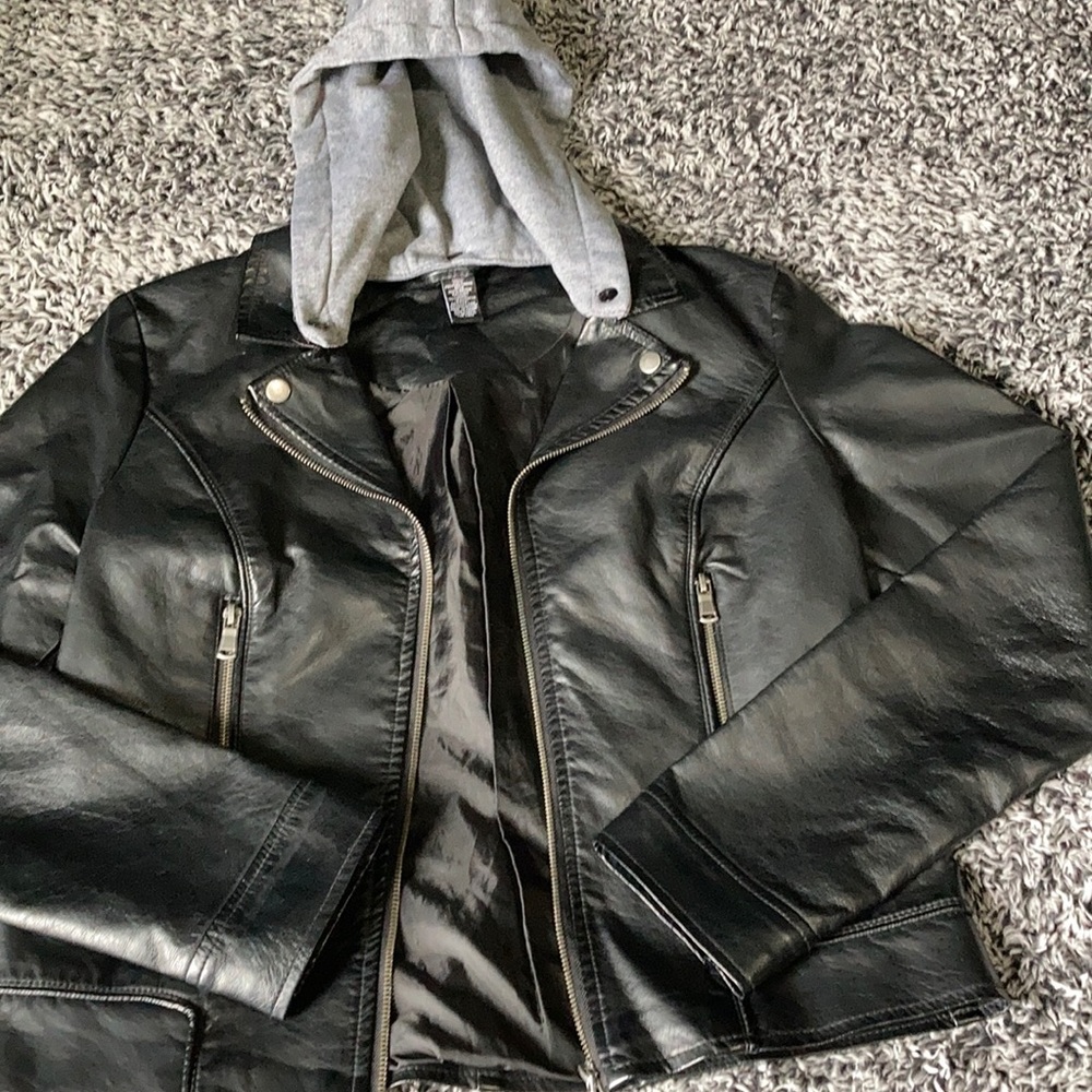 Leather jacket with gray hood